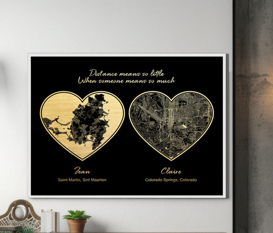 Custom Long distance Heart Shape City Map, Relationship Gift for Boyfriend, Girlfriend, Bestie