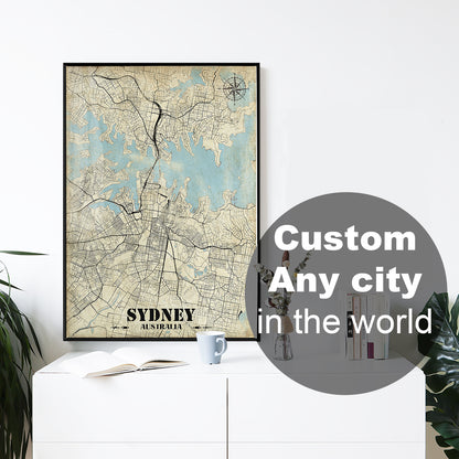 CUSTOM Vintage city map print, Classical painting print of the world map wall art decor framed poster, Retro personalized art map gifts - 23maps