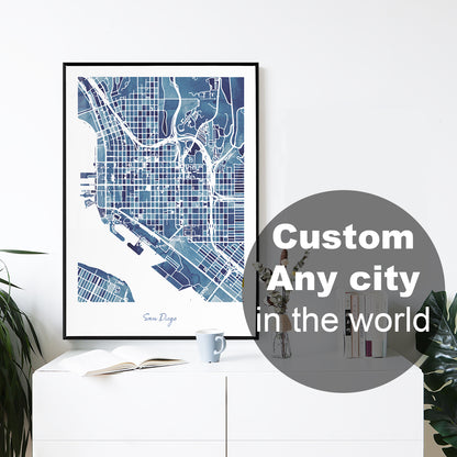 CUSTOM city map print, Watercolor map of state city wall art home decor framed poster, personalized anniversary wedding graduation gift - 23maps