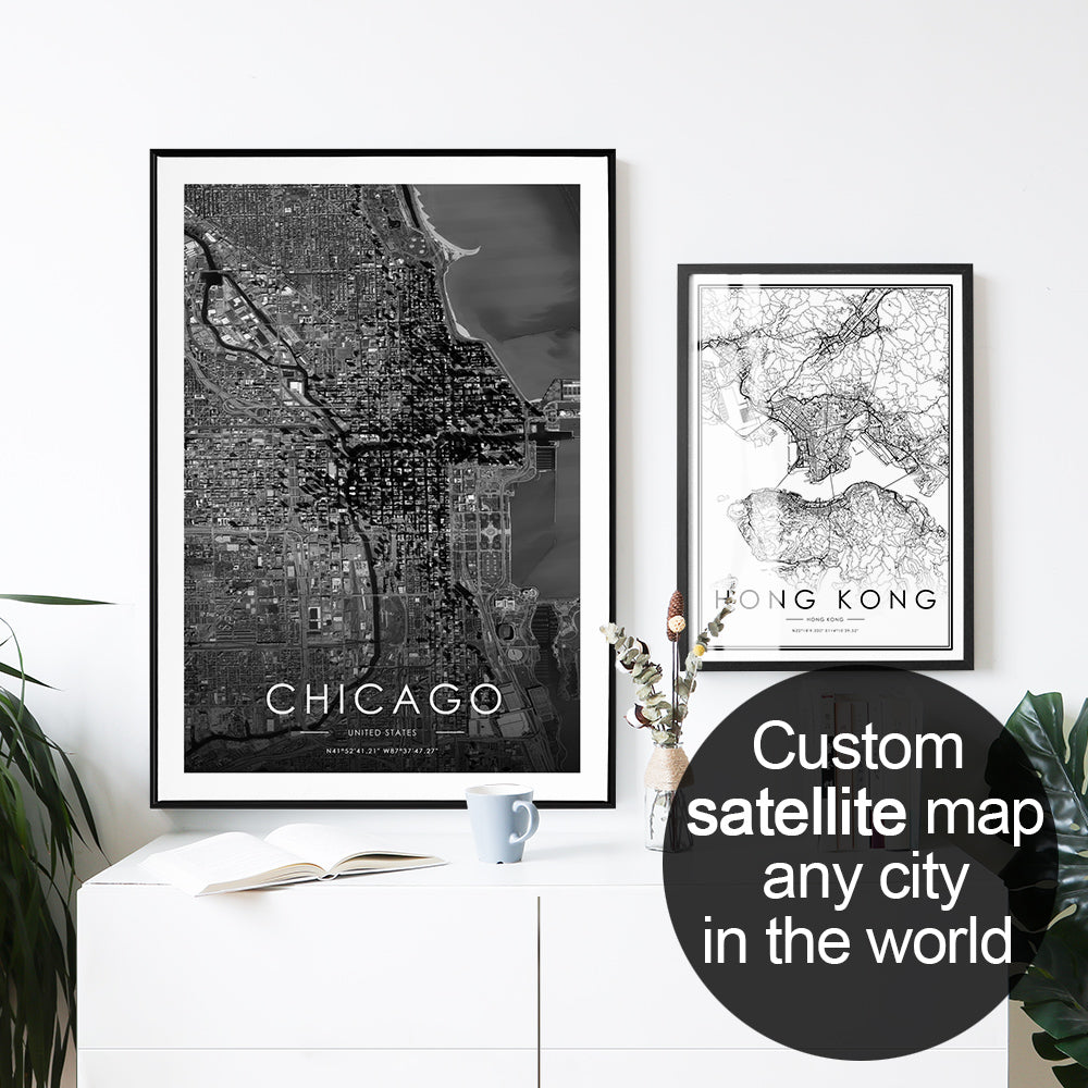 Custom Satellite Digital City, Map Black and White Wall Decor