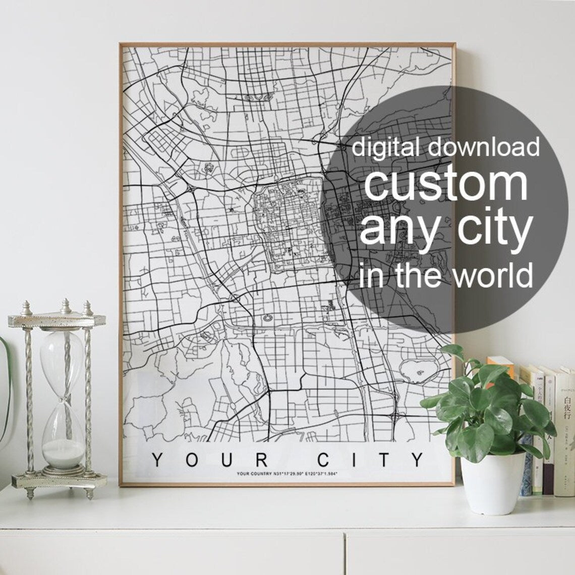 Digital Download CUSTOM City Map, Minimal Line Wall Art